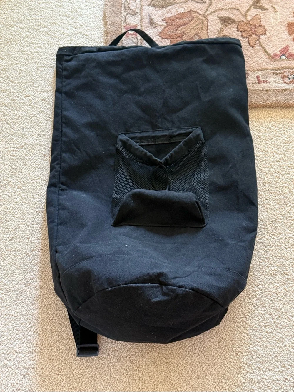 Black backpack laundry dorm Canvas Drawstring Backpack with Front Mesh Pocket